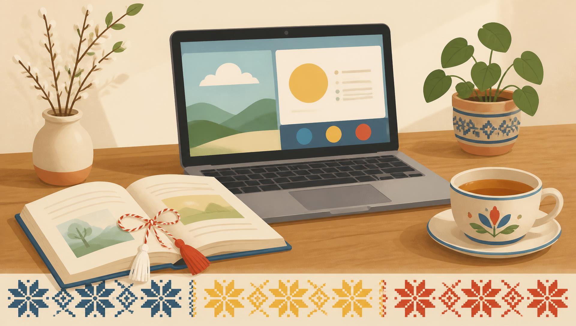 Ilustrație: lecție online pe laptop, o carte în limba română cu un mărțișor și un motiv tradițional românesc